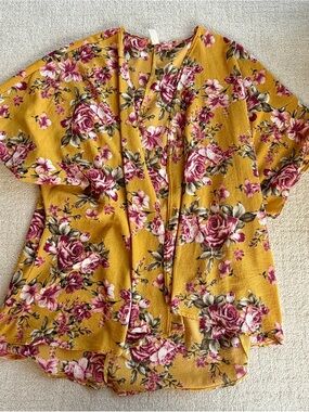 Floral Mustard Kimono Sleeve Top - Women